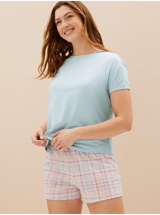 Růžovo-modré dámské kostkované pyžamo Marks & Spencer   