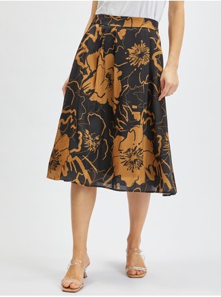 Hnědo-černá dámská květovaná saténová sukně ORSAY