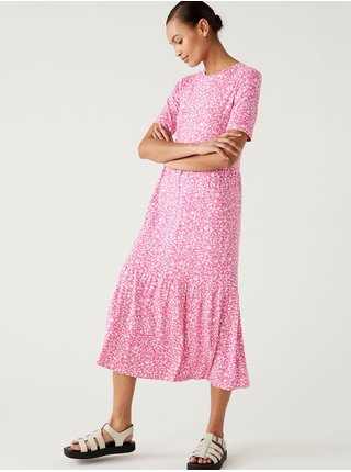 Růžové dámské žerzejové květované midi šaty s volánem Marks & Spencer 