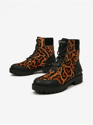 Hnedé dámske kožené členkové topánky s leopardím vzorom Desigual Biker Leopard