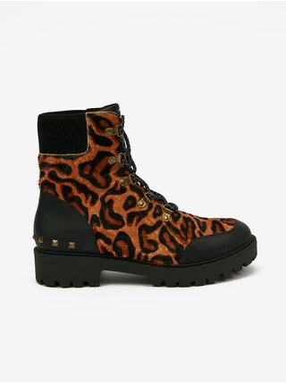 Hnědé dámské kožené kotníkové boty s leopardím vzorem Desigual Biker Leopard