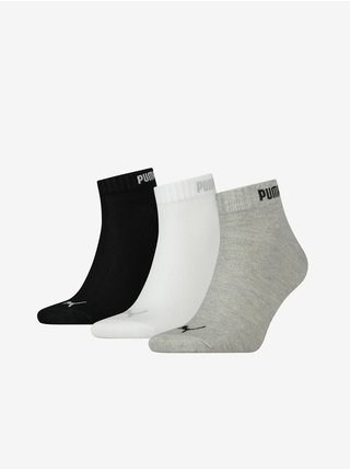 Súprava troch párov ponožiek v čiernej, bielej a svetlo šedej farbe Puma Quarter