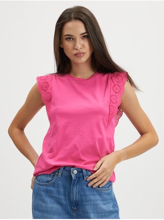 Tmavo ružové dámske tričko s čipkou VERO MODA Hollyn