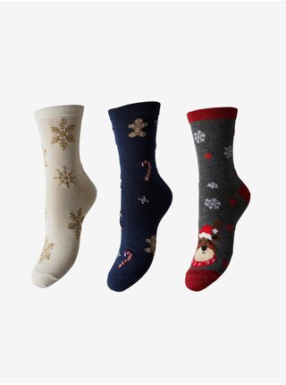 Sada tří párů dámských vánočních ponožek v bílé, tmavě modré a šedé barvě Pieces Jingle