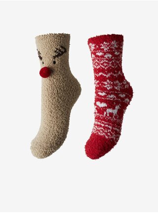 Sada dvou párů dámských vánočních ponožek v béžové a červené barvě Pieces Joy