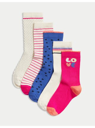 Sada pěti párů holčičích ponožek v růžové a modré barvě Marks & Spencer 