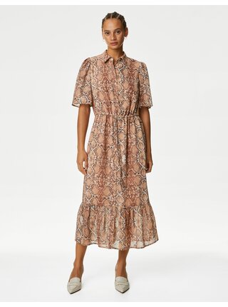 Béžové dámské vzorované košilové midi šaty Marks & Spencer   