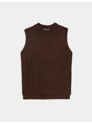 Hnědá dámská pletená vesta s copánkovým vzorem Marks & Spencer