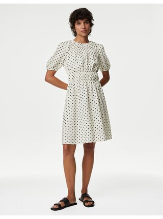 Krémové dámske bodkované midi šaty s riasením Marks & Spencer 