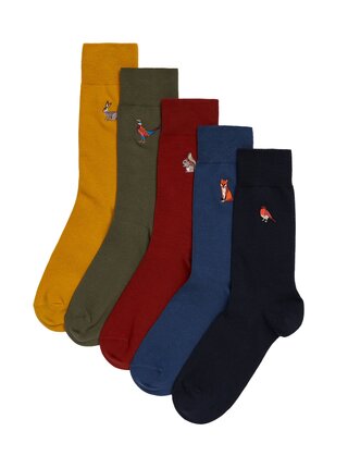 Sada piatich párov pánskych ponožiek v čiernej, modrej, červenej, khaki a žltej farbe Marks & Spencer Cool & Fresh™