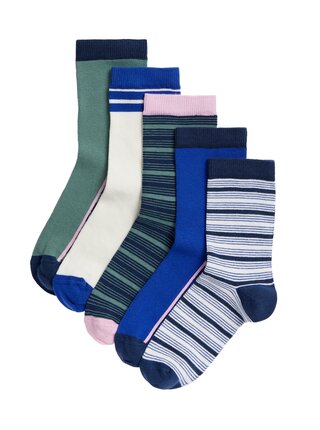Sada piatich párov chlapčenských ponožiek v modrej, zelenej a krémovej farbe Marks & Spencer 