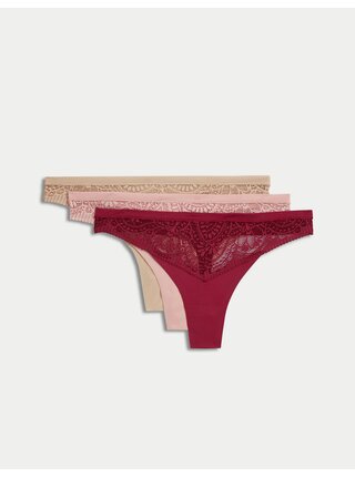 Sada tří dámských tang v červené, růžové a béžové barvě s krajkou Marks & Spencer Body Soft™ 
