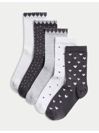 Súprava piatich párov dievčenských vzorovaných ponožiek v šedej a bielej farbe Marks & Spencer