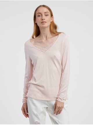 Světle růžový dámský lehký svetr s krajkou CAMAIEU