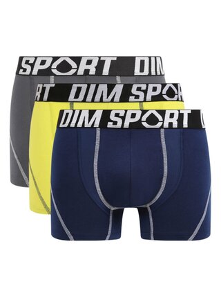 Sada tří pánských sportovních boxerek v žluté, tmavě modré a černé barvě DIM SPORT COTTON STRETCH BOXER 3x  