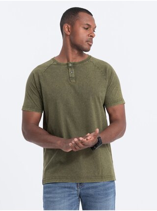 Khaki pánské basic tričko s knoflíky Ombre Clothing