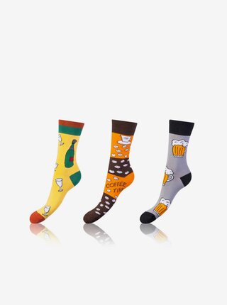 Sada tří párů unisex vzorovaných ponožek v žluté, oranžové a šedé barvě Bellinda CRAZY SOCKS