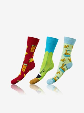 Sada tří párů unisex vzorovaných ponožek v červené, zelené a tyrkysové barvě Bellinda CRAZY SOCKS 