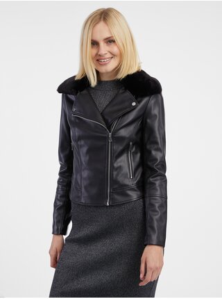 Černá dámská koženková bunda s umělým kožíškem ORSAY