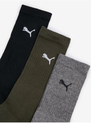 Súprava troch párov ponožiek v šedej, čiernej a khaki farbe Puma Crew