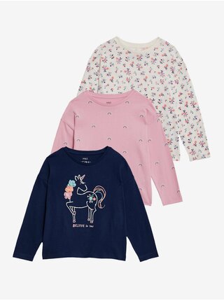 Sada troch dievčenských tričiek s motívom jednorožca v tmavo modrej, ružovej a bielej farbe Marks & Spencer