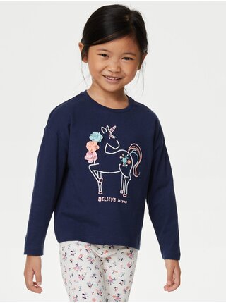 Sada tří holčičích triček s motivem jednorožce v tmavě modré, růžové a bílé barvě Marks & Spencer 