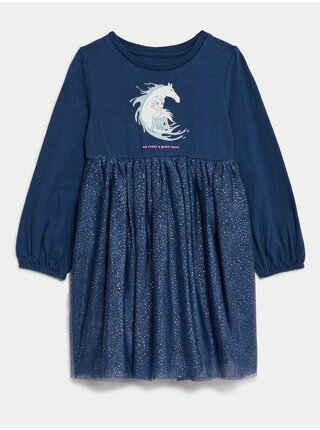 Tmavě modré holčičí třpytivé tylové šaty s potiskem Marks & Spencer Ledové království™