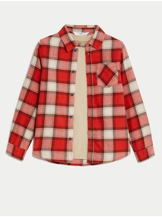 Sada klučičího trička v béžové barvě a kostkované košile v červené barvě Marks & Spencer