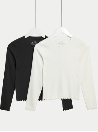 Sada dvoch dievčenských rebrovaných tričiek v bielej a čiernej farbe Marks & Spencer