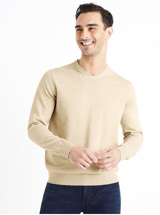 Béžový pánsky basic sveter Celio Decotonv