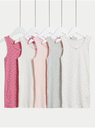 Sada pěti holčičích vzorovaných tílek v růžové, bílé a šedé barvě Marks & Spencer   