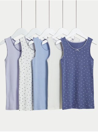 Sada pěti holčičích vzorovaných tílek v modré, fialové a bílé barvě Marks & Spencer   