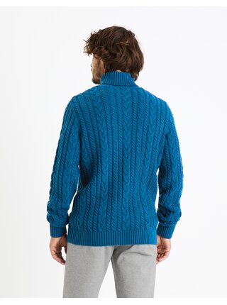 Modrý pánsky vrkočový sveter s rolákom Celio Fefrozen