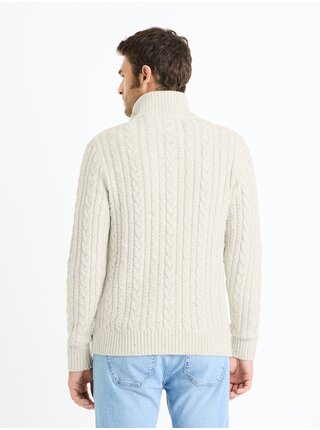 Krémový pánsky vrkočový sveter so stojačikom Celio Feviking