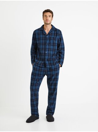 Tmavě modré pánské kostkované pyžamo Celio Fipyflanel 