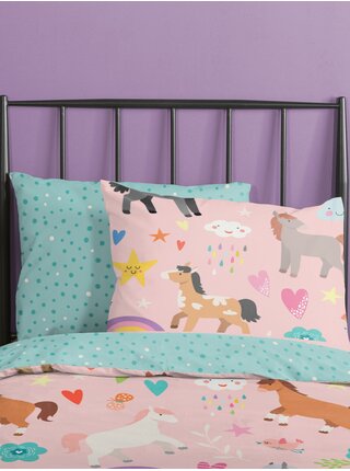 Ružovo-modré obojstranné obliečky s motívom koní 140 x 200 cm / 70 x 90 cm Good Morning Horses