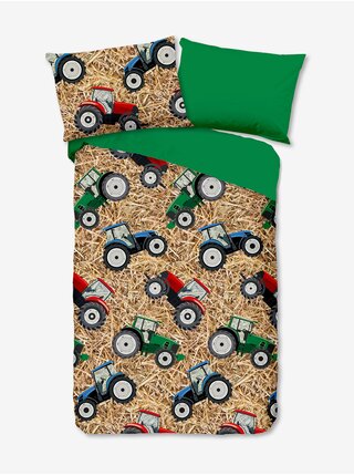 Béžovo-zelené obojstranné obliečky s motívom traktorov 140 x 200 cm / 70 x 90 cm Good Morning Cas