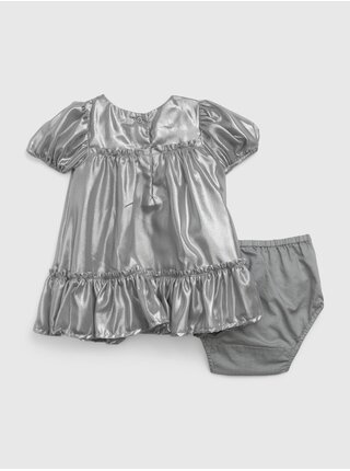 Sada holčičích saténových šatů s volánky a kalhotek ve stříbrné barvě GAP