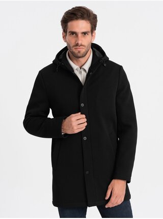 Čierny pánsky zateplený kabát s kapucňou a skrytým zipsom Ombre Clothing