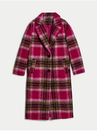 Tmavě růžový dámský kostkovaný kabát s příměsí vlny Marks & Spencer 