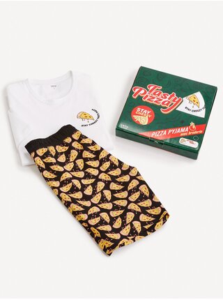 Černo-bílé pánské vzorované pyžamo v dárkovém balení Celio Pizza    