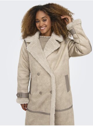 Béžový dámský kabát v semišové úpravě s umělým kožíškem ONLY Ylva