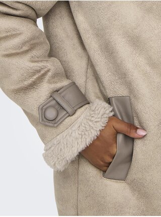 Béžový dámsky kabát v semišovej úprave s umelým kožúškom ONLY Ylva