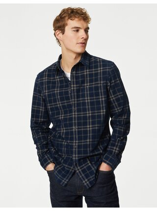 Tmavomodrá pánska kockovaná menčestrová košeľa Marks & Spencer