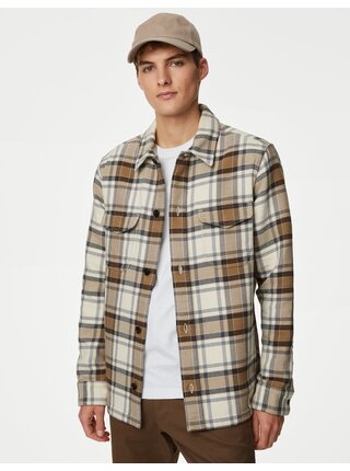Hnedo-krémová pánska kockovaná obojstranná bundokošeľa Marks & Spencer