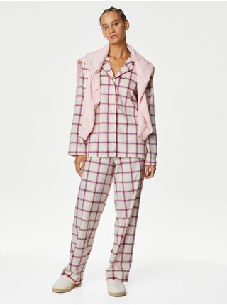 Fialovo-krémová dámska fleecová kockovaná pyžamová súprava Marks & Spencer