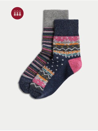 Sada dvoch párov dámskych termo ponožiek v tmavomodrej farbe s vianočným motívom Marks & Spencer