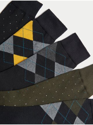 Sada pěti párů pánských vzorovaných ponožek v černé a khaki barvě Marks & Spencer Cool & Fresh™  