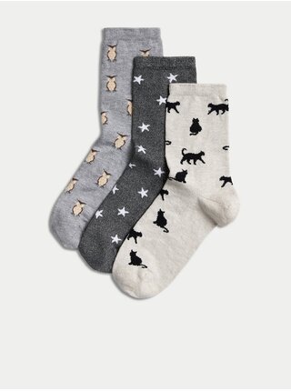 Súprava troch párov dámskych vzorovaných ponožiek v šedej farbe Marks & Spencer