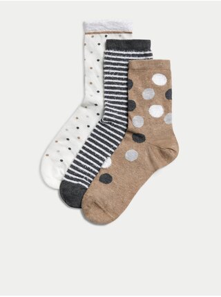 Súprava troch párov dámskych vzorovaných ponožiek v bielej, béžovej a čiernej farbe Marks & Spencer